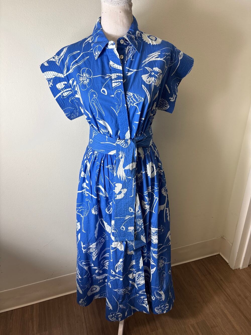 Oliphant Blue and White Bird Print Button Up Cotton Dress Sz XS